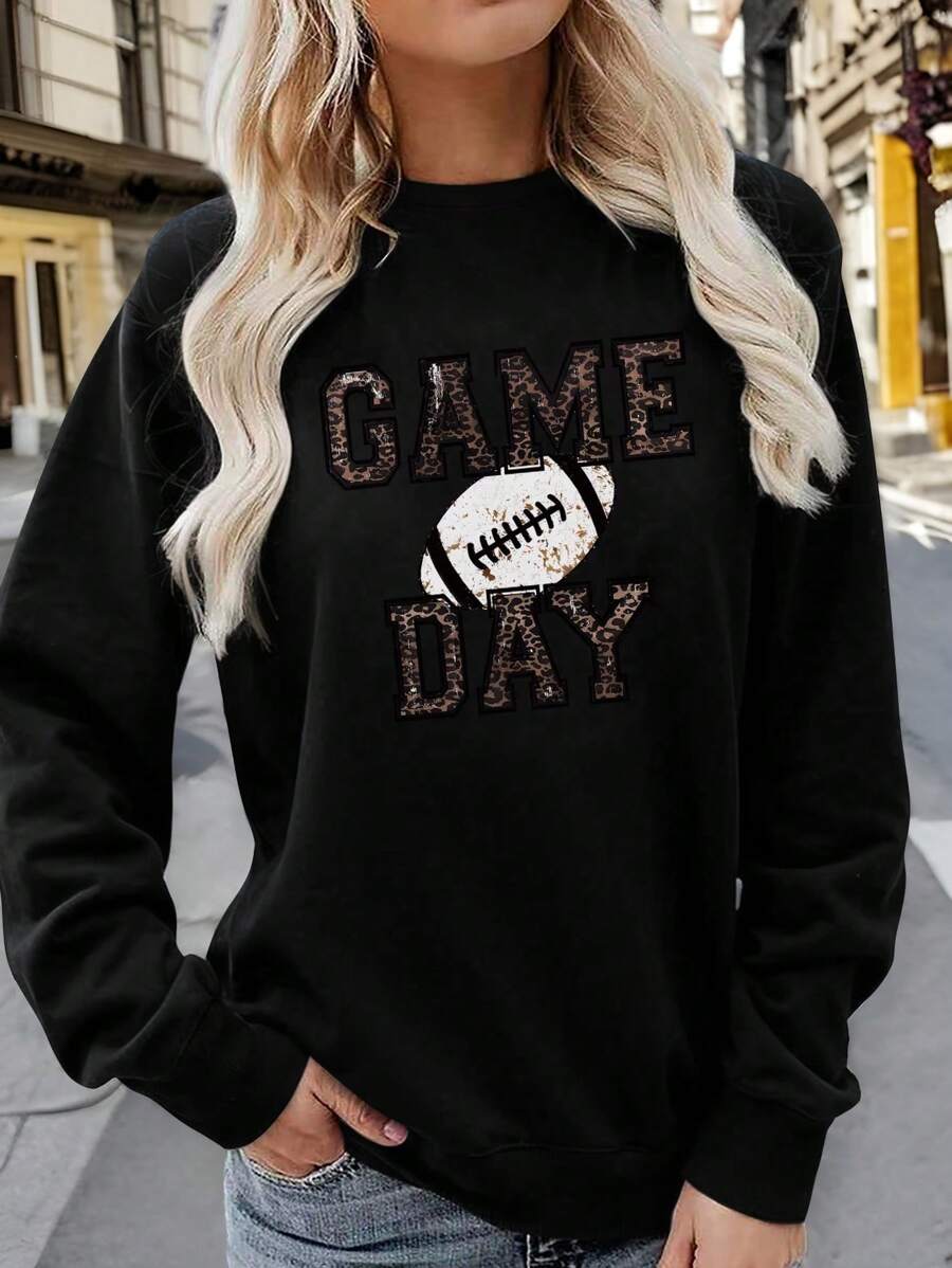 SHEIN LUNE Plus Size Casual Football Print Sweatshirt , Graduation, Teachers For Women, Back To School Pullover Fall - Black - View 1