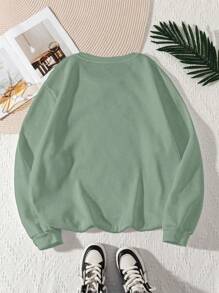 Flirla 大码女式休闲纯色长袖运动衫 - 綠色 - 查看 2