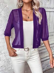 SHEIN LUNE Women's Solid Color Sheer Short Sleeve Jacket - Violet Purple - View 6