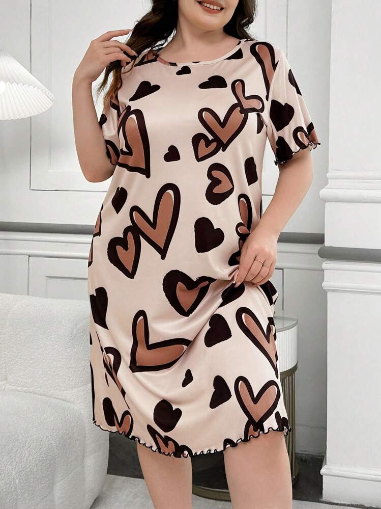 大码心形印花短袖宽松T恤迷你睡裙，Moo Moo - 彩色 - 查看 5
