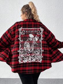 SHEIN CURVE+ Plus Size Casual Punk Dark Halloween Plaid Skull Printed Shirt - Multicolor - View 1