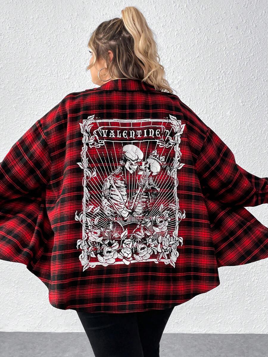 SHEIN CURVE+ Plus Size Casual Punk Dark Halloween Plaid Skull Printed Shirt - Multicolor - View 1