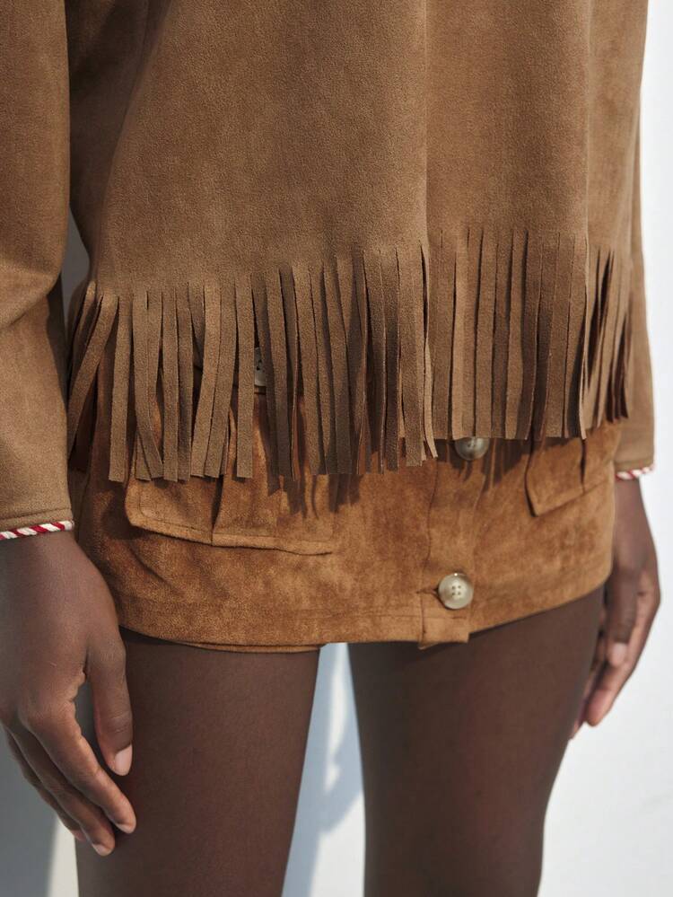 SHEIN Maija Bluzka damska z kontrastowym wykończeniem w kolorze i frędzlami, wiosenno-jesienne bluzki wyjściowe, jesienne ubrania damskie