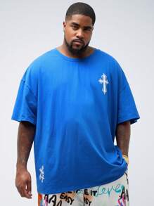Manfinity VCAY Plus Size Men Casual Loose Cross Print Short Sleeve T-Shirt, Summer - Blue - View 2