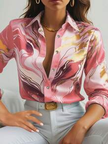 SHEIN Clasi 女士优雅金色衬衫、长袖上衣 - 玫紅色 - 查看 3