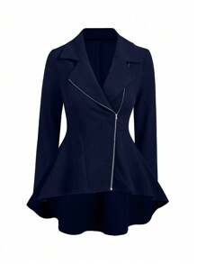 Celure Plus Size Plain Front Zipper Long Sleeve Casual Jacket - Navy Blue - View 1