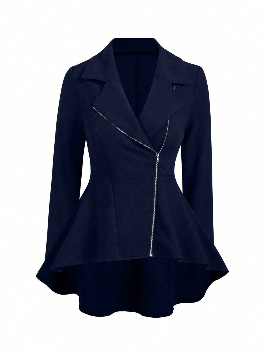 Celure Plus Size Plain Front Zipper Long Sleeve Casual Jacket - Navy Blue - View 1