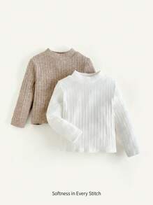 Cozy Pixies 2pcs/Set Young Girl Solid Knitted Ribbed Stand Collar Long Sleeve Pullover Top - Multicolor - View 3