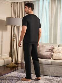 Letter Print Men Short Sleeve Top & Pants Loungewear Set - Black - View 2