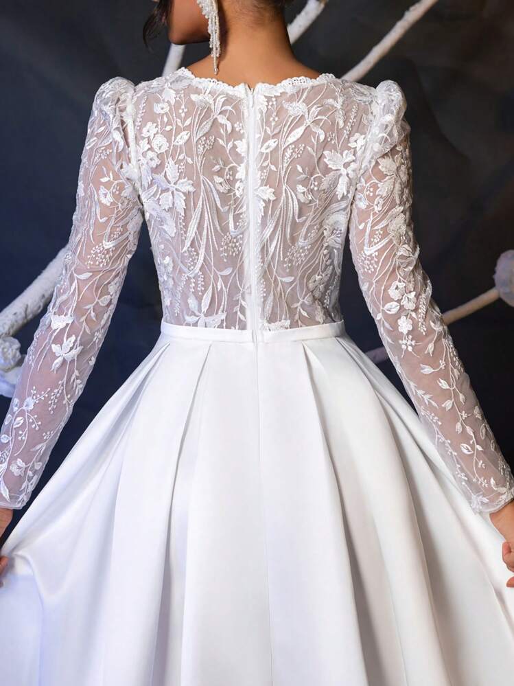Glamrae 优雅华丽浪漫 V 领长袖法式亮片刺绣蕾丝荷叶边露背设计缎面及地长度 A 字形适合新娘婚礼活动单身派对节日舞会婚纱，白色新娘礼服 - 白色 - 查看 5
