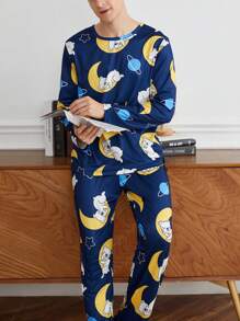 男士全印花圆领长袖上衣和长裤休闲家居服套装 - 彩色 - 查看 1