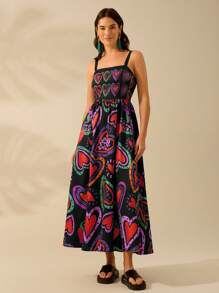 CAJUNI Women's Colorful Heart Print, Boho Print Halter Big Swing Long Dress, Holiday Casual Beach Summer Black Dress - Multicolor - View 4