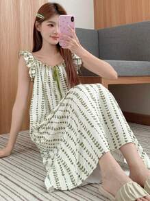 DAZY 全印花荷叶边下摆吊带睡袍 - 綠色 - 查看 4