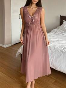 DAZY Váy ngủ lưới ren tương phản gợi cảm cho nữ có nơ trang trí - Bụi hồng - Xem 5