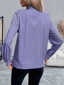 Chiquease 格子印花女式系带领蝴蝶结宽松休闲衬衫女式衬衫 - 紫色 - 查看 2