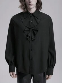 ROMWE MEN Goth 1 Áo sơ mi nam tay dài cài nút phía trước màu trơn, mùa thu - màu đen - Xem 4