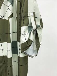 大码格子印花前扣卷袖休闲夹克 - 綠色 - 查看 3