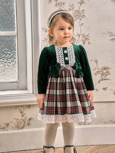 Baby Girls Plaid Bow Accent Long Sleeve Dress