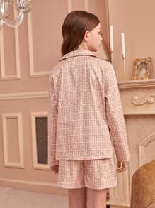 Tween Girl Collared Long Sleeve Vintage Formal Blazer, Vest And Casual Shorts 3pcs Set, Autumn/Winter