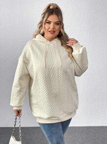 SHEIN CURVE+ Curve Plus Cable Knit Drop Shoulder Drawstring Hoodie - Apricot - View 4