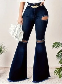 Women's Fashion Street Style Ripped Detail Button Decoration Flare Leg Jeans