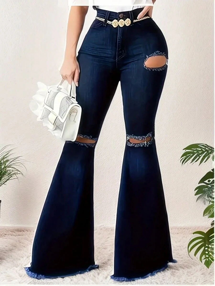 Women's Fashion Street Style Ripped Detail Button Decoration Flare Leg Jeans