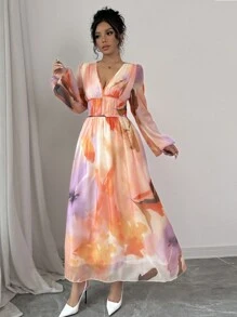 Chiquease Vestido de mujer con cuello en V profundo, cintura fruncida, manga farol y estampado floral - Multicolor - Ver 4