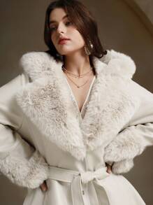 Anewsta Plus Size Solid Color Thick Fluffy Trim Fluffy Fuzzy Cinched Waist Jacket, For Winter Fall Autumn