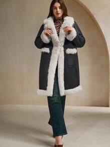 Anewsta Plus Size Women's Fur Trimmed Waist Length Regular Coat - Black - View 4