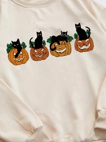 SHEIN Unity 女士圆领长袖休闲南瓜和黑猫图案印花宽松套头衫万圣节运动衫 - 米色 - 查看 7