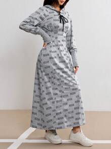 Seusyu Ladies' Casual Letter Print Hooded Dress Spring Autumn - Grey - View 5