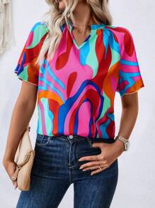 SHEIN LUNE Camisa de mujer casual de vacaciones con estampado aleatorio y cuello con muesca