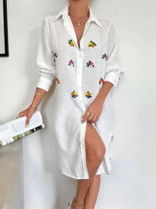 EURMUSE Rhinestone Detailed Long Sleeve Midi Dress - White - View 6