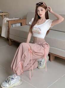 DAZY 女式纯色系带宽松休闲裤 - 粉色 - 查看 7