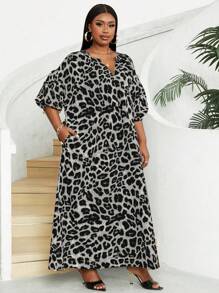 Maweii Plus Size Leopard Print Puff Sleeve Dress - Light Grey - View 5