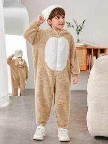 SHEIN Cute Loose Comfortable Embroidered 3D Animal Design Fleece Jumpsuit For Young Boys  Bear Jumpsuits - Khaki - View 5