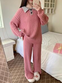 DAZY Knitted Colorblock Lapel Design Loose Homewear Set Fall,Winter Pajama