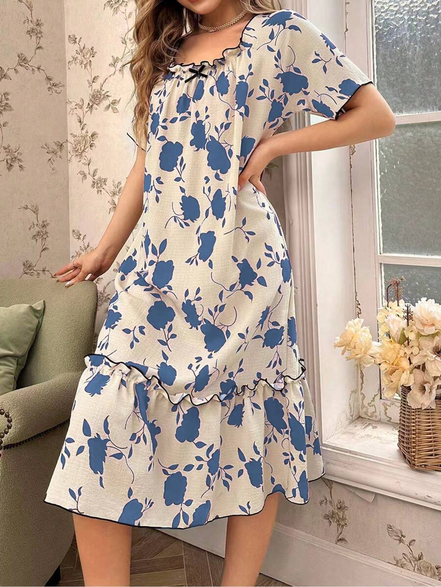CottageSlumber Women Floral Allover Print Ruffle Hem Short Sleeve Nightgown Babydoll Perfect Summer - Blue - View 1