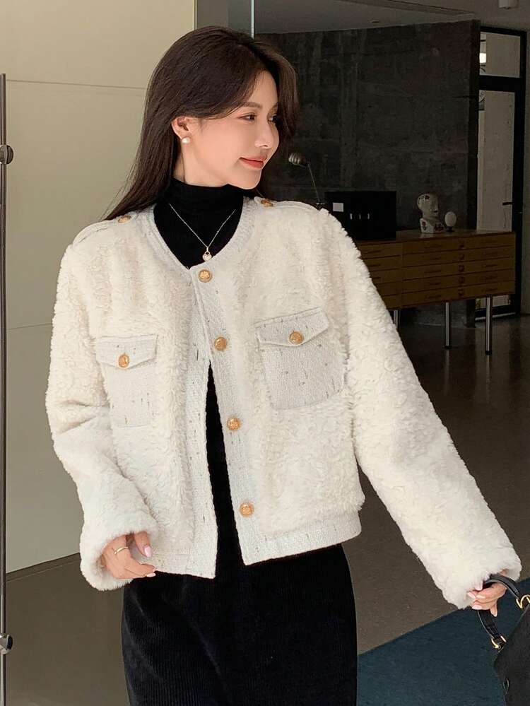 DAZY 女士纯色蓬松长袖单排扣休闲常规外套，秋冬季女装外套 - 白色 - 查看 7
