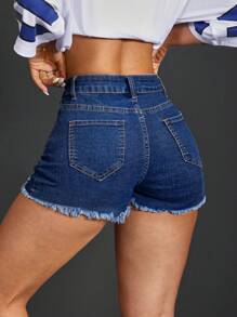 SHEIN PETITE 正面纽扣、多个口袋、简单做旧、磨损下摆牛仔短裤、休闲日常穿着 - 深色水洗藍 - 查看 4