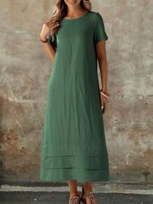 EMERY ROSE Women's Solid Color Round Neck Short Sleeve Casual Long Dress