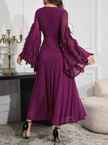 Modelyn Women's Solid Color Square Collar Ruffle Flare Sleeve Long Elegant Arabian Modest Dress Long Evening Dresses - Red Violet - View 2