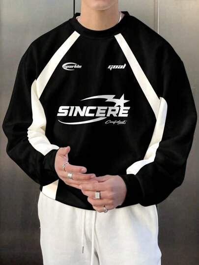 Manfinity Roghcode Sudadera de cuello redondo de manga larga con bloques de color casual para hombre, para salir, ropa de calle, sudadera con gráfico, para regalos a amigos, esposo, novio, para otoño