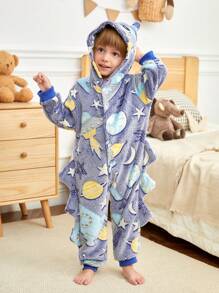 Young Boy Stylish Spaceship Graphic Hooded Warm Fleece Jumpsuit