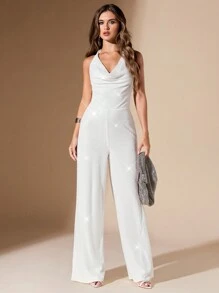 SHEIN BAE 女士纯色亮片挂脖阔腿连体裤