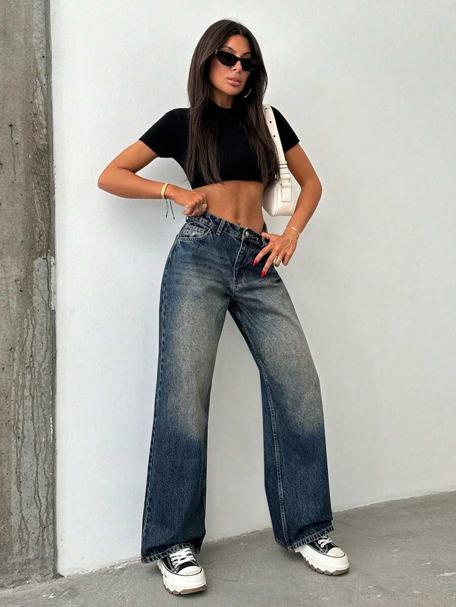 EURMUSE 100% Cotton WOMEN WIDE LEG BELTED MID WAIST JEANS - Medium Wash - View 1