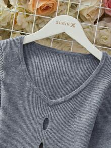 SHEIN Lady Women's Gray Split Hem Distressed Slim Fit Long Sleeve Sweater, Winter - Grey - View 5