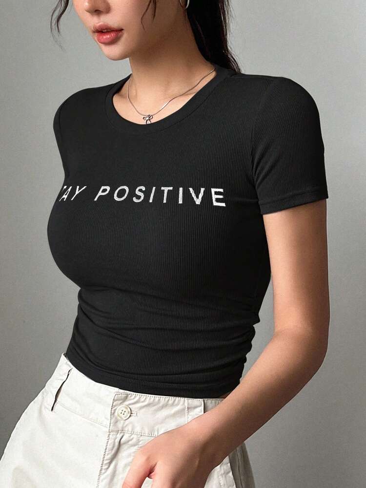 Women Summer Letter Print Crew Neck Short Sleeve Casual T-Shirt,Graphic Tees