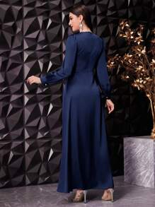 Veilorie 女士褶皱泡泡袖连衣裙，优雅晚宴礼服长款晚礼服 - 藏蓝色 - 查看 2