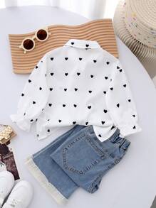 SHEIN Leap Crew Áo sơ mi dài tay in họa tiết chấm bi và trái tim cho mẹ và con gái, dáng rộng, thoải mái, dễ thương - Đen và trắng - Xem 2